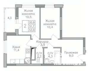 2-к квартира, строящийся дом, 54м2, 8/25 этаж