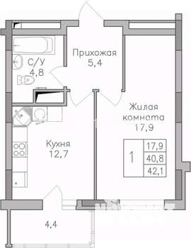 1-к квартира, строящийся дом, 42м2, 21/25 этаж