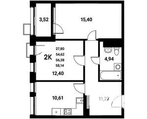 2-к квартира, строящийся дом, 56м2, 2/21 этаж