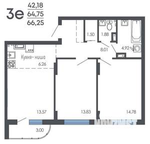 3-к квартира, строящийся дом, 66м2, 3/9 этаж