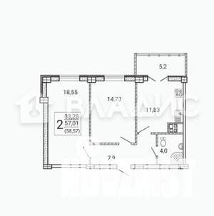 2-к квартира, вторичка, 57м2, 14/15 этаж