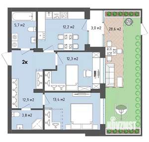 2-к квартира, вторичка, 70м2, 1/13 этаж