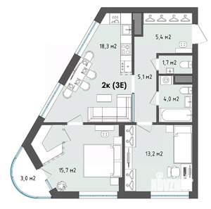 2-к квартира, сданный дом, 65м2, 2/13 этаж