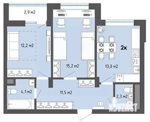 2-к квартира, сданный дом, 60м2, 2/13 этаж