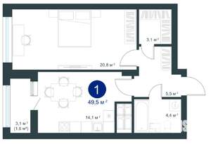 1-к квартира, строящийся дом, 50м2, 16/25 этаж