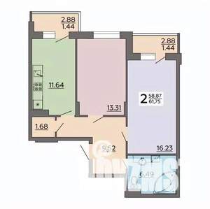 2-к квартира, строящийся дом, 62м2, 17/18 этаж