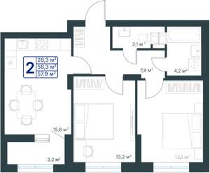 2-к квартира, строящийся дом, 58м2, 4/25 этаж
