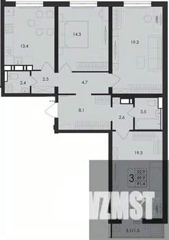 3-к квартира, вторичка, 91м2, 9/17 этаж