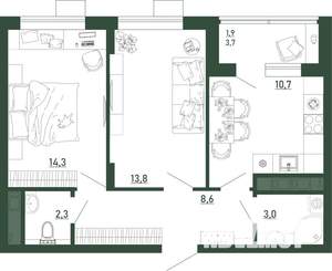 2-к квартира, строящийся дом, 55м2, 9/13 этаж