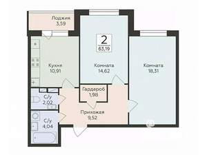 2-к квартира, вторичка, 63м2, 13/16 этаж