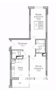 2-к квартира, строящийся дом, 62м2, 9/25 этаж