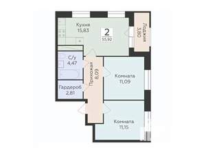 2-к квартира, строящийся дом, 56м2, 6/12 этаж