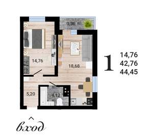 1-к квартира, строящийся дом, 44м2, 12/27 этаж