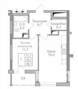 1-к квартира, строящийся дом, 46м2, 8/25 этаж