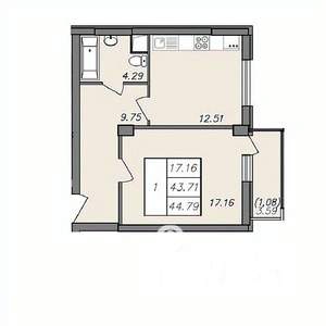 1-к квартира, вторичка, 44м2, 11/13 этаж