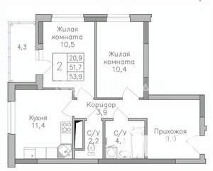 2-к квартира, строящийся дом, 54м2, 19/25 этаж