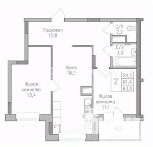 2-к квартира, строящийся дом, 64м2, 3/10 этаж