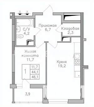 1-к квартира, строящийся дом, 46м2, 4/25 этаж