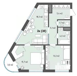 2-к квартира, сданный дом, 65м2, 3/13 этаж