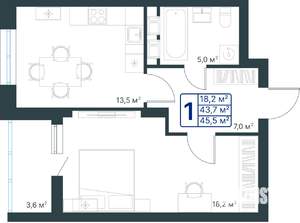 1-к квартира, строящийся дом, 46м2, 6/25 этаж