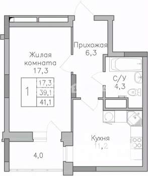1-к квартира, строящийся дом, 41м2, 17/25 этаж