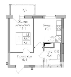 1-к квартира, строящийся дом, 33м2, 9/25 этаж