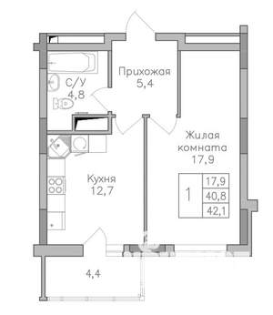 1-к квартира, строящийся дом, 43м2, 7/10 этаж
