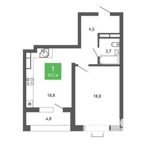1-к квартира, строящийся дом, 53м2, 4/15 этаж