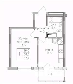 1-к квартира, строящийся дом, 38м2, 15/25 этаж
