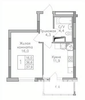 1-к квартира, строящийся дом, 38м2, 11/25 этаж