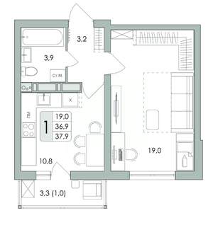 1-к квартира, строящийся дом, 38м2, 15/17 этаж