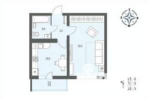 1-к квартира, строящийся дом, 39м2, 2/17 этаж