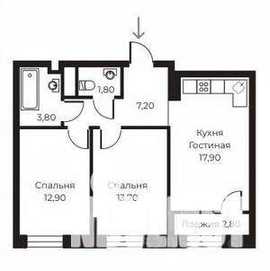 2-к квартира, строящийся дом, 59м2, 7/14 этаж