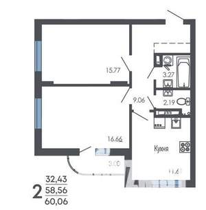 2-к квартира, строящийся дом, 60м2, 4/9 этаж