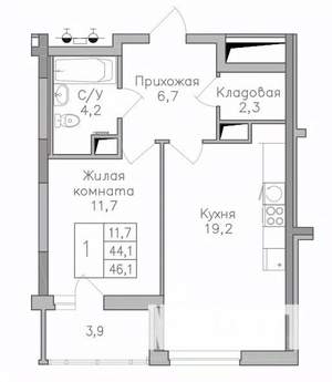 1-к квартира, строящийся дом, 46м2, 13/25 этаж