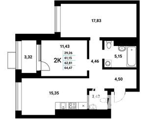 2-к квартира, строящийся дом, 64м2, 2/21 этаж