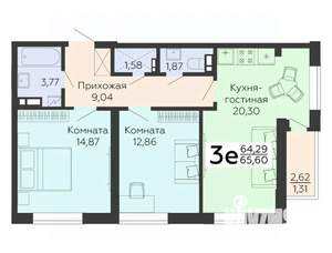 3-к квартира, строящийся дом, 66м2, 7/15 этаж