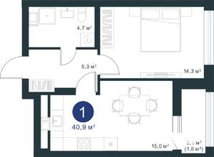 1-к квартира, строящийся дом, 41м2, 3/25 этаж
