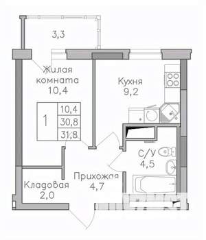 1-к квартира, строящийся дом, 32м2, 23/25 этаж