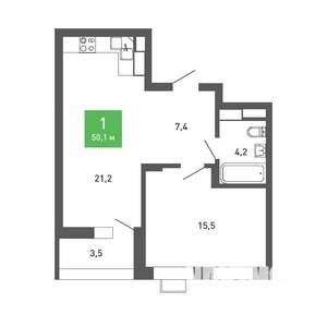 1-к квартира, строящийся дом, 50м2, 12/15 этаж