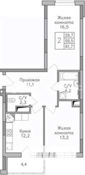 2-к квартира, строящийся дом, 62м2, 18/25 этаж