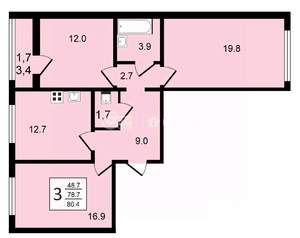 3-к квартира, строящийся дом, 80м2, 13/20 этаж