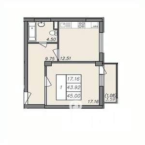 1-к квартира, вторичка, 43м2, 7/13 этаж