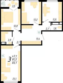 3-к квартира, строящийся дом, 83м2, 9/20 этаж