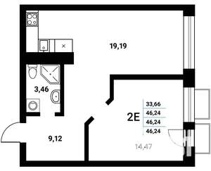 2-к квартира, строящийся дом, 46м2, 14/21 этаж