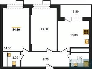2-к квартира, вторичка, 54м2, 2/13 этаж