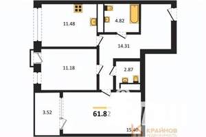 2-к квартира, сданный дом, 62м2, 8/21 этаж