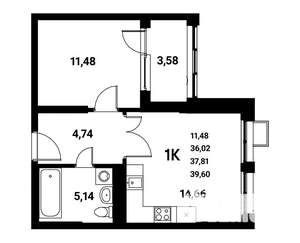 1-к квартира, строящийся дом, 38м2, 2/21 этаж