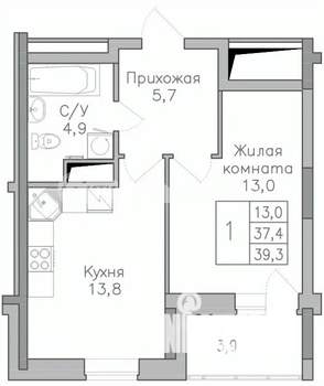 1-к квартира, строящийся дом, 39м2, 9/25 этаж