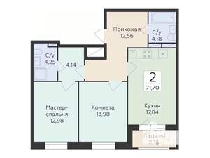 2-к квартира, строящийся дом, 72м2, 6/18 этаж